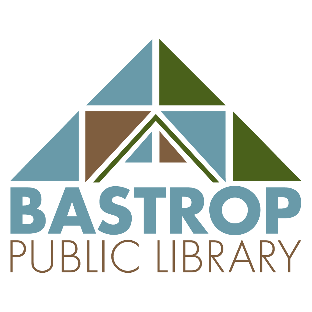 Logo for Bastrop Public Library featuring a geometric design with blue, green, and brown triangles forming a stylized roof. Bold blue and brown text below.